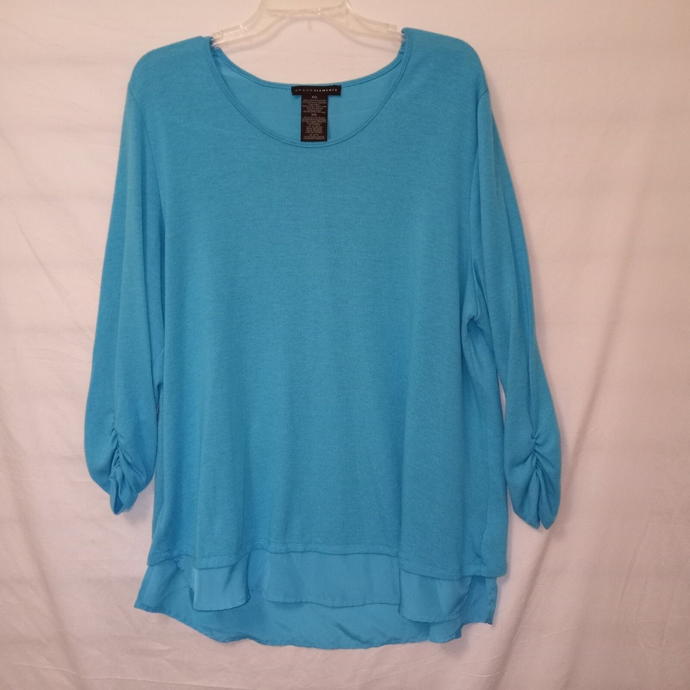 Grace Elements XXL Aqua Tunic Top Ruched Sleeve Layered‎ Look Stretch